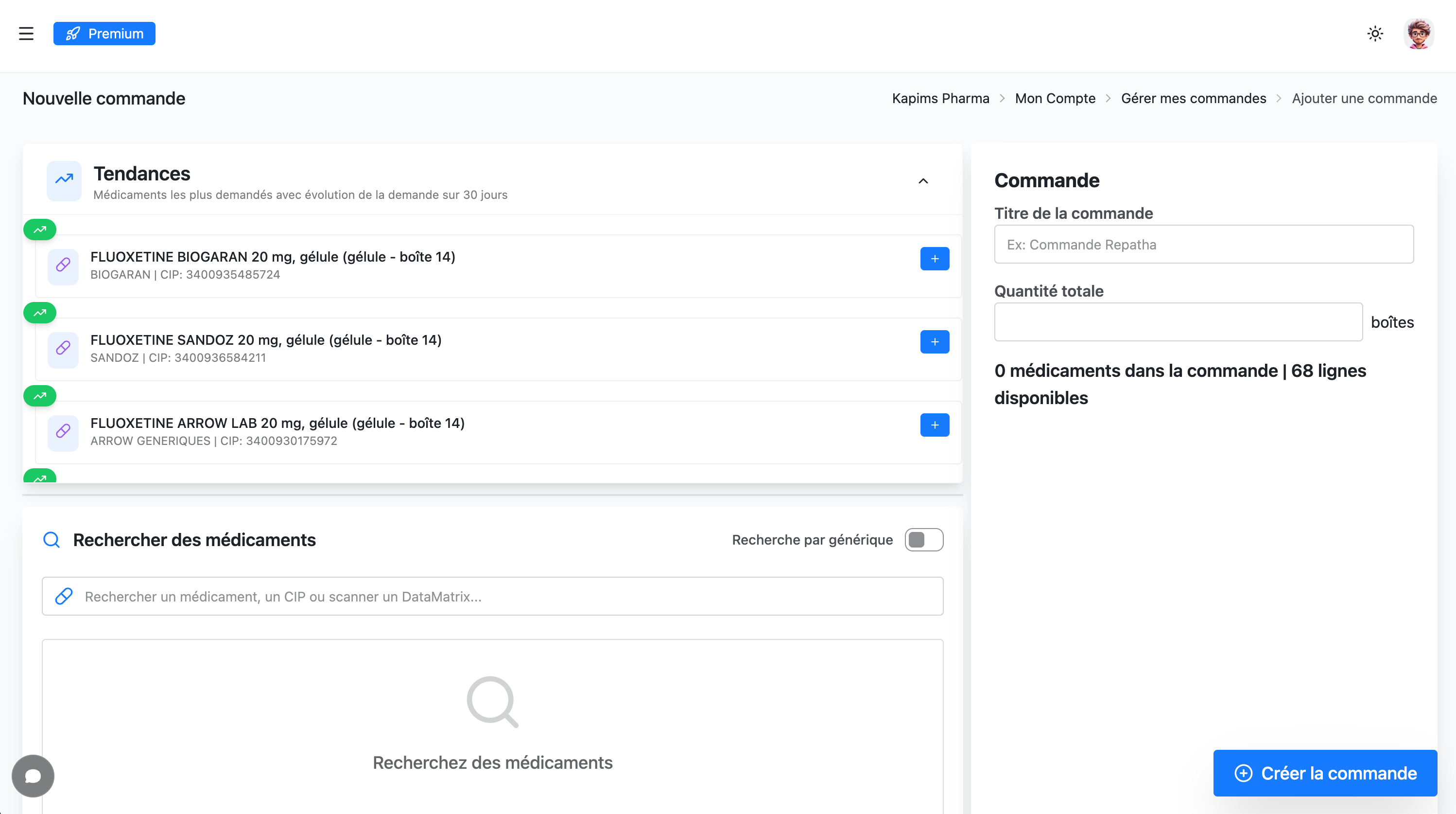 Création d’une commande dans Kapims : tendances, recherche de médicaments et quantité totale.
