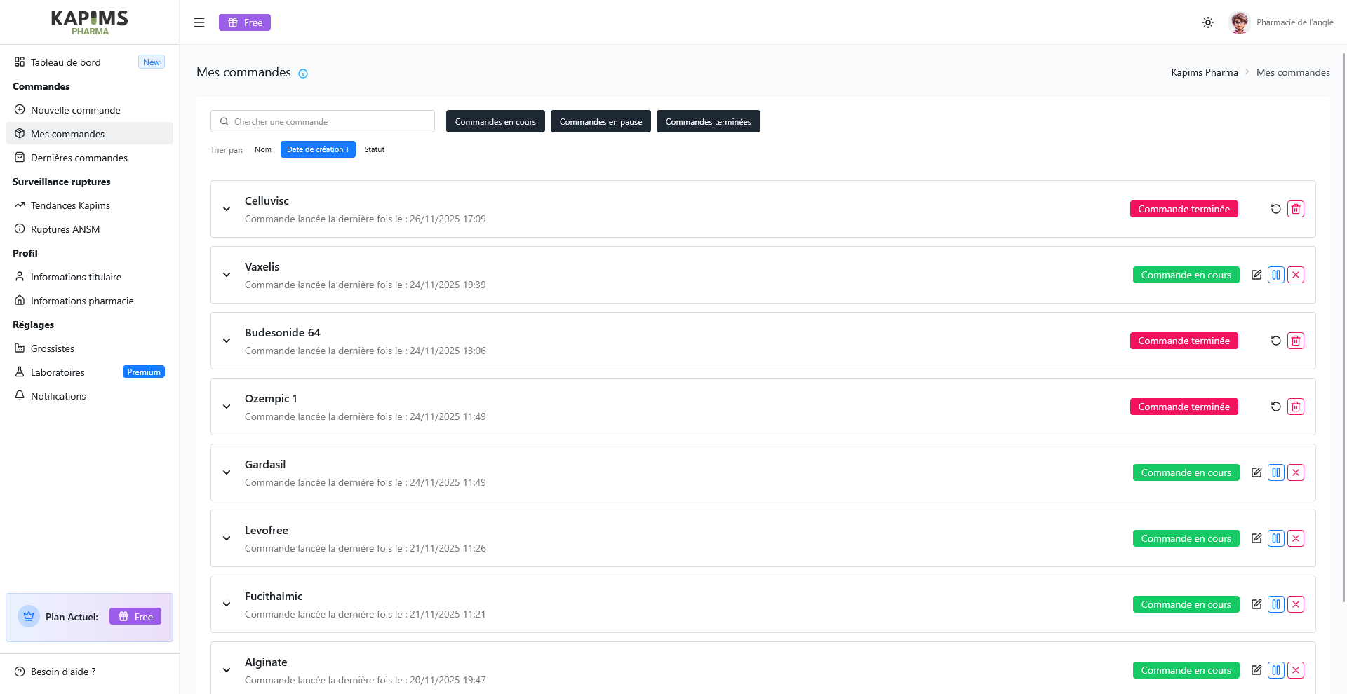 Configuration des commandes