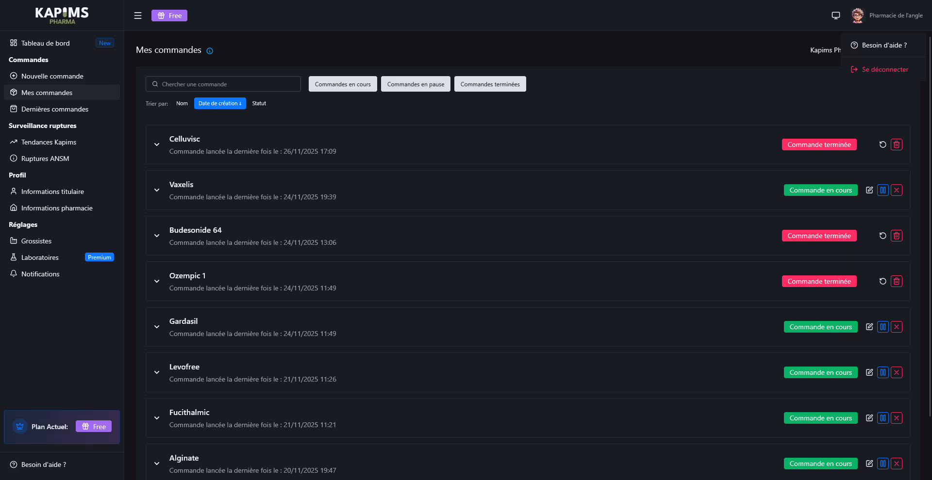 Configuration des commandes