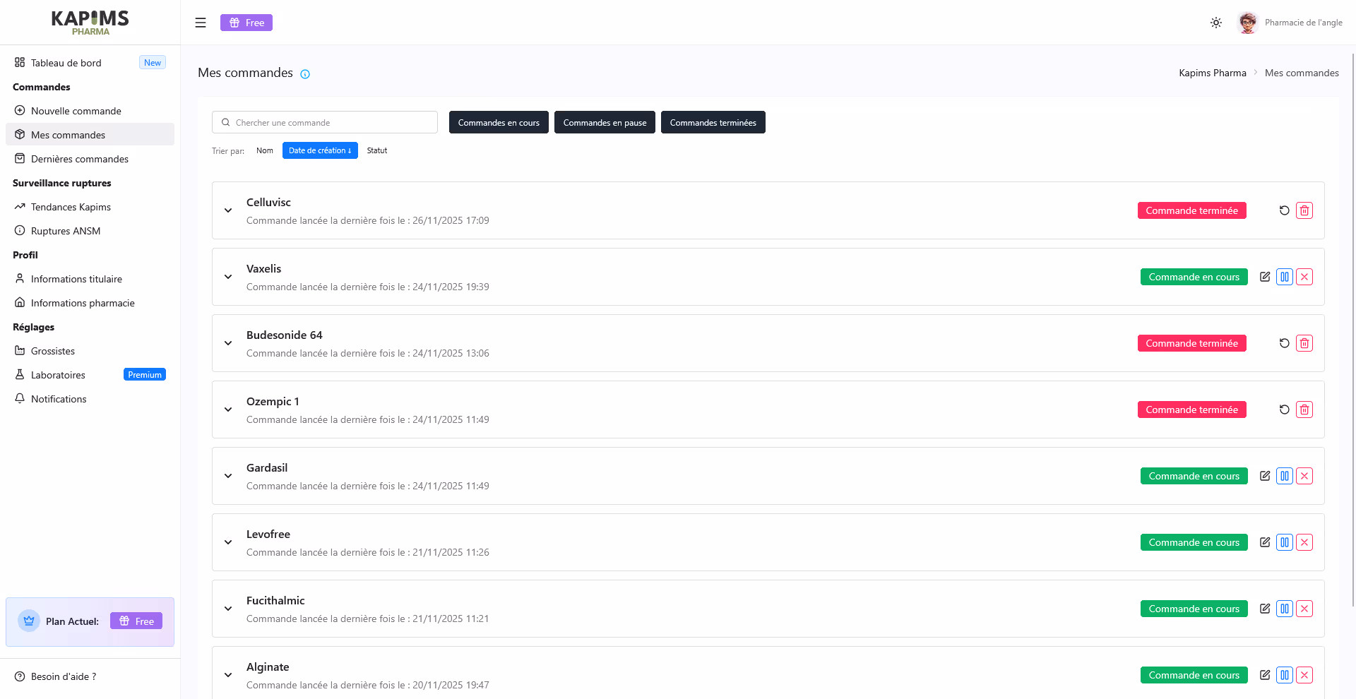 Configuration des commandes